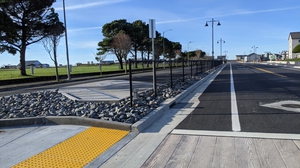 Image of crosswalk on Front Street in Crescent City CA facing west